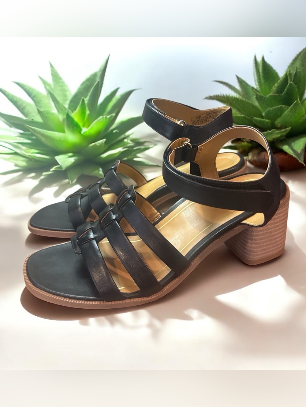 Vionic Black Leather Block Heel Sandals - Women's Strappy Dress Sandals